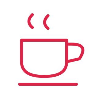 A rounded coffee cup has a side handle, a short saucer and two wisps of steam.