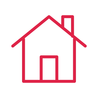A pitched roof house has a side chimney and a centred doorway.