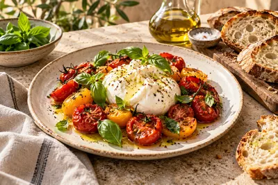 Burrata with colourful tomatoes and basil on a ceramic plate beside bread and olive oil.