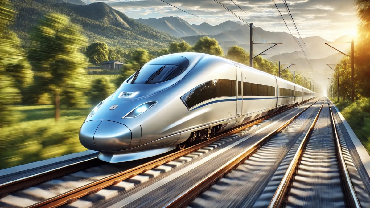 A futuristic high-speed train with a sleek aerodynamic design traveling through a beautiful natural landscape.