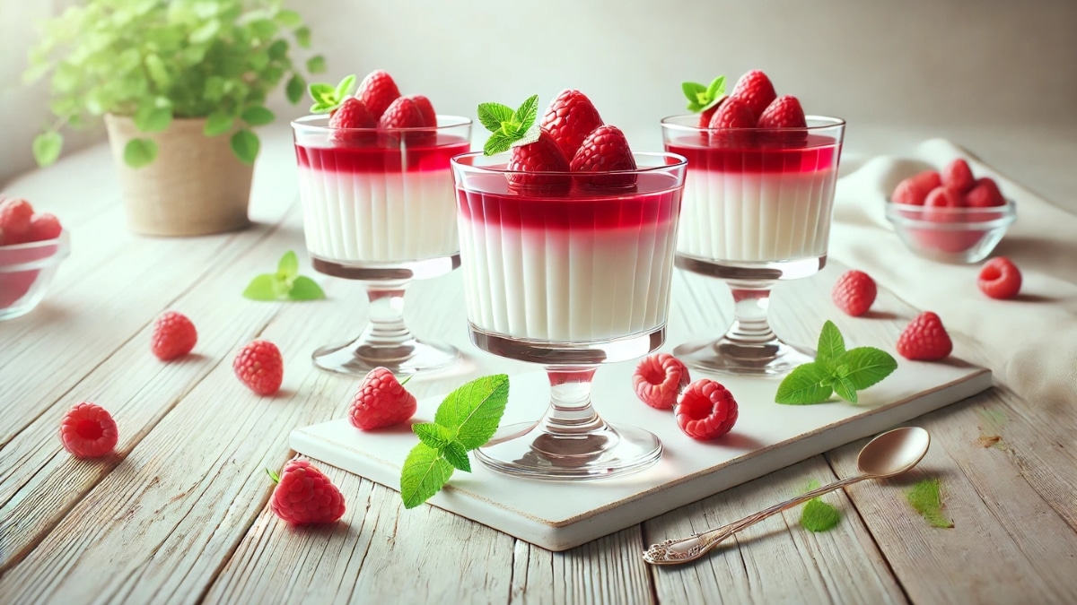 Elegant raspberry panna cotta in glass cups, featuring a creamy white base and a glossy raspberry layer, garnished with fresh raspberries and mint.