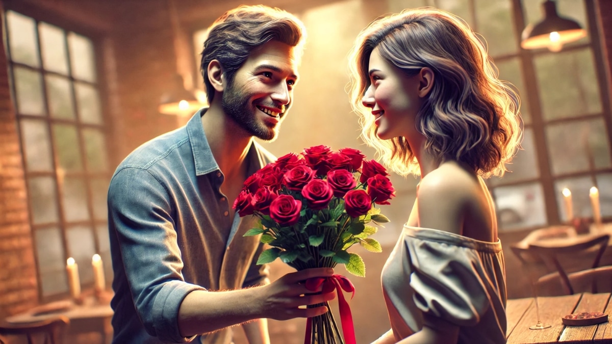 A man offering a bouquet of red roses to a woman in a warm, romantic setting, both smiling joyfully.