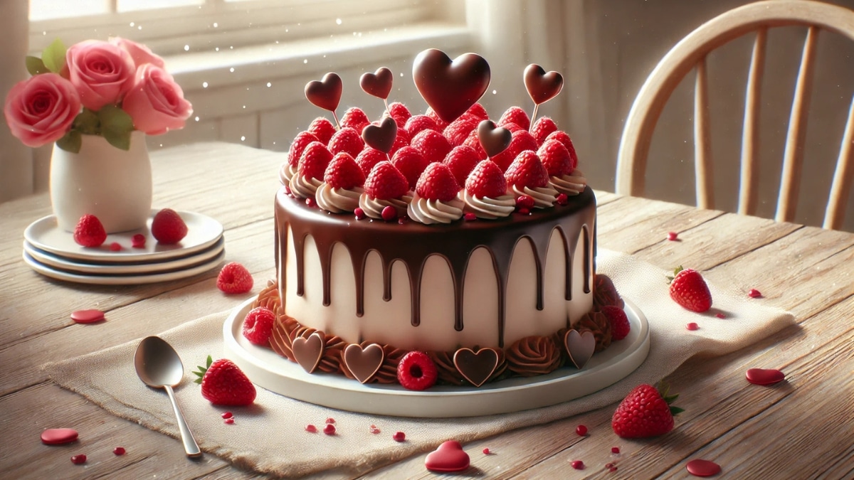 A luxurious Valentine-themed chocolate cake with a raspberry cream filling, topped with glossy chocolate drip, fresh raspberries, and heart-shaped decorations.