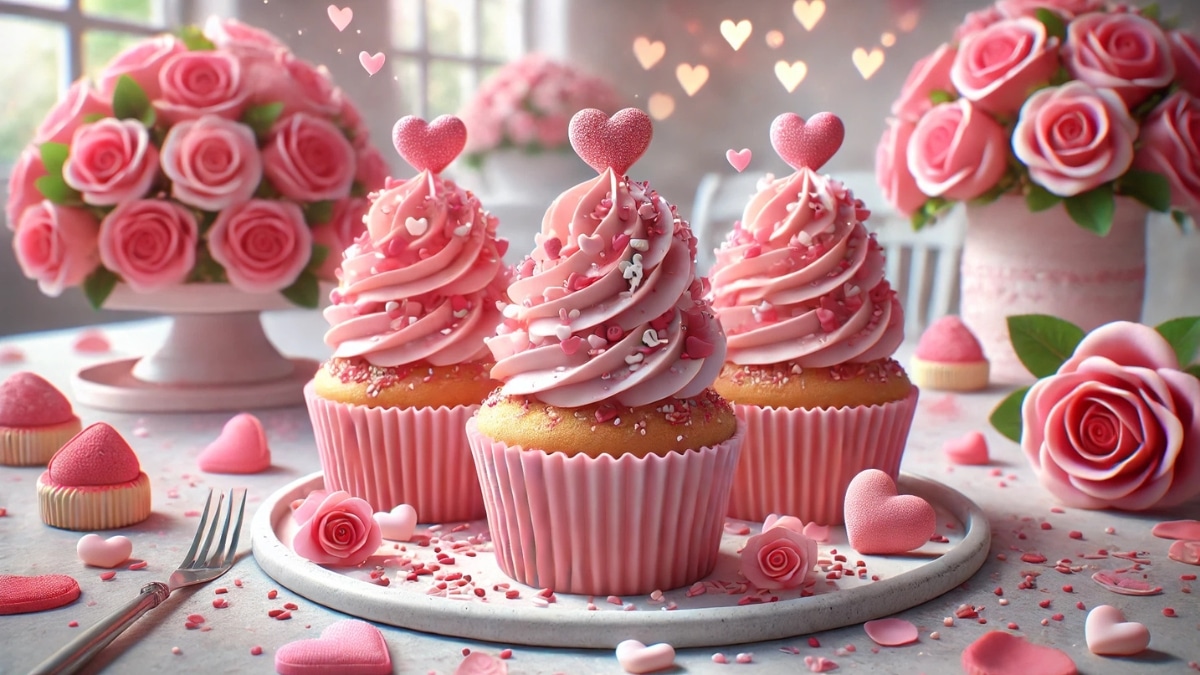 Valentine-themed cupcakes with pink frosting, heart-shaped sprinkles, and romantic decorations.