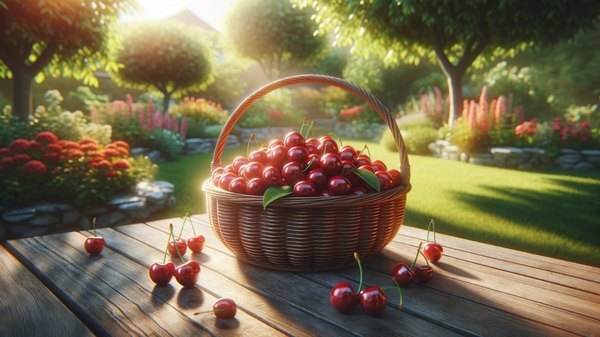 A basket filled with ripe red cherries placed on a wooden table in a sunlit garden with lush greenery and flowers in the background.