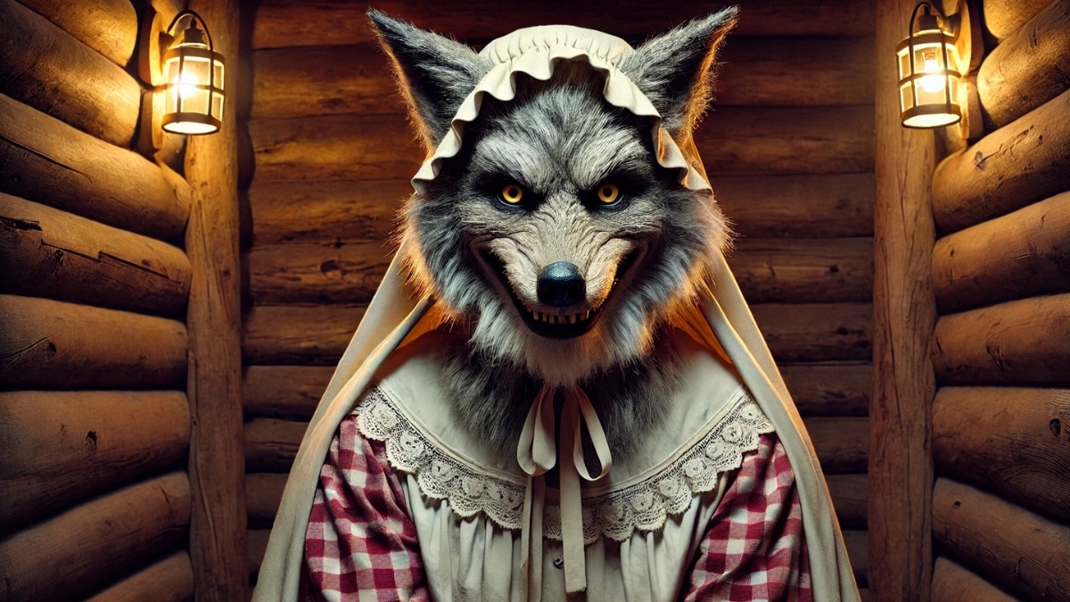 The Big Bad Wolf from Little Red Riding Hood disguised as a grandmother, wearing a bonnet and old-fashioned clothes in a dimly lit wooden cabin.