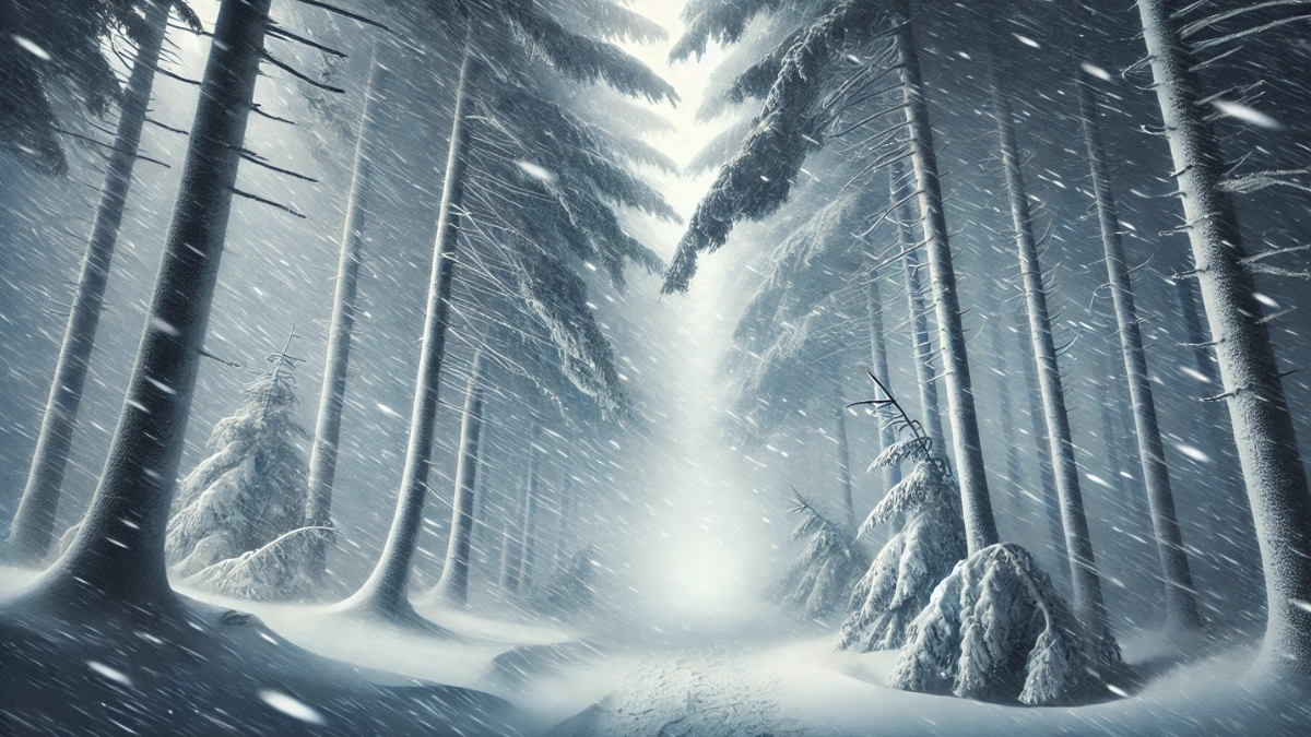 A dense forest covered in snow during a powerful blizzard, with strong winds bending trees and heavy snowfall reducing visibility.