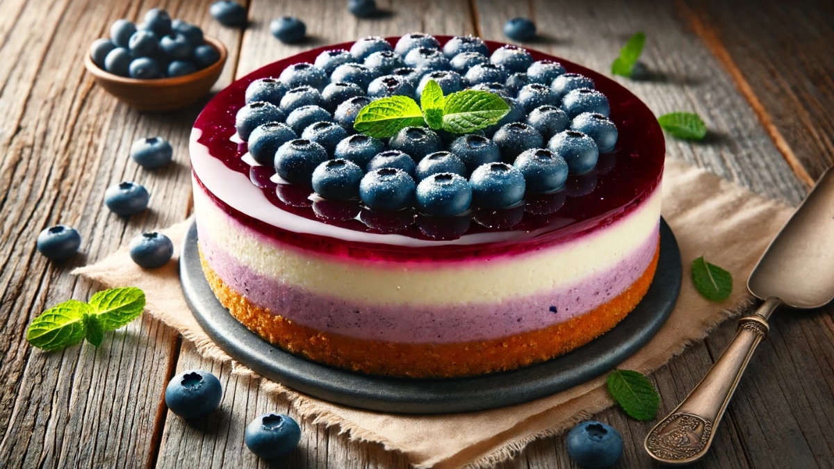 A blueberry cheesecake with a layered filling, a glossy berry topping, and fresh blueberries, served on a rustic wooden table.