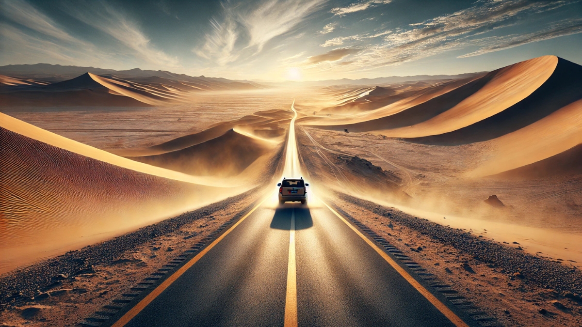 A car driving on a long desert highway surrounded by sand dunes, illuminated by the golden sunset.
