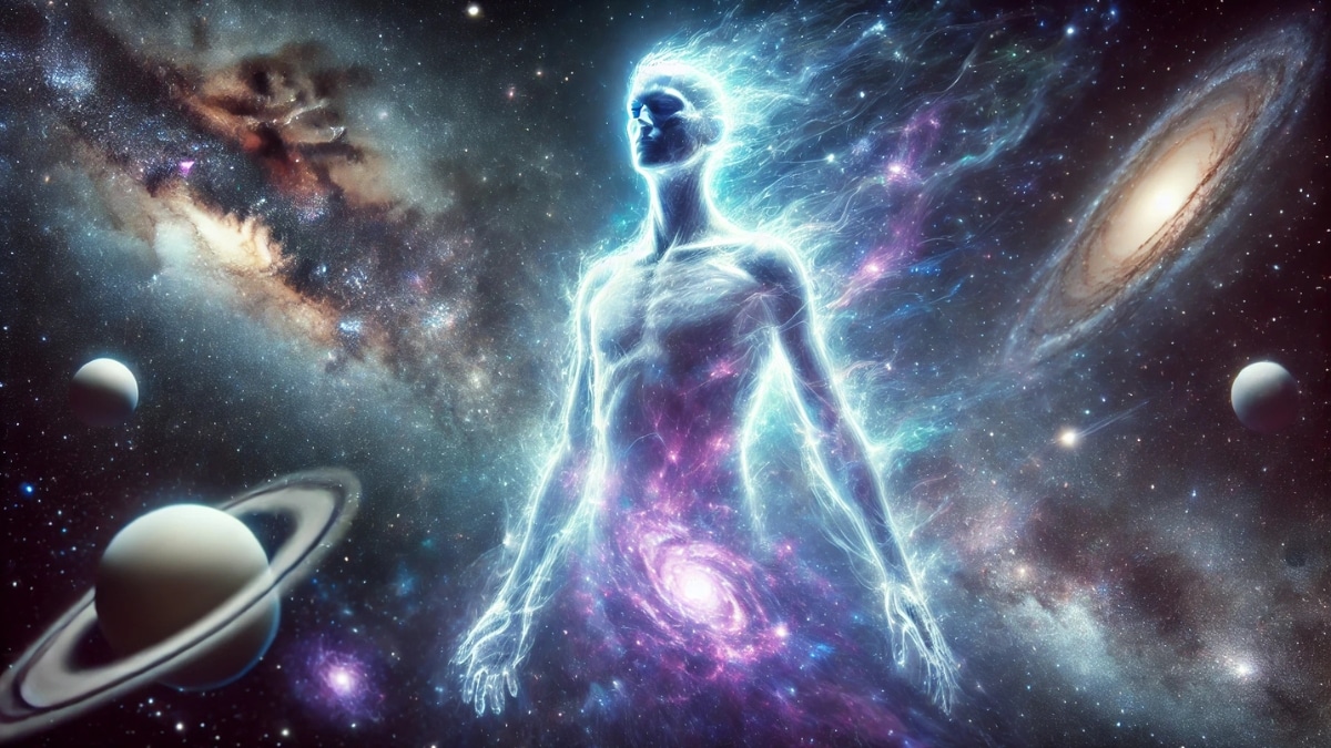 A glowing astral humanoid figure floating in space, surrounded by galaxies, nebulae, and distant planets.