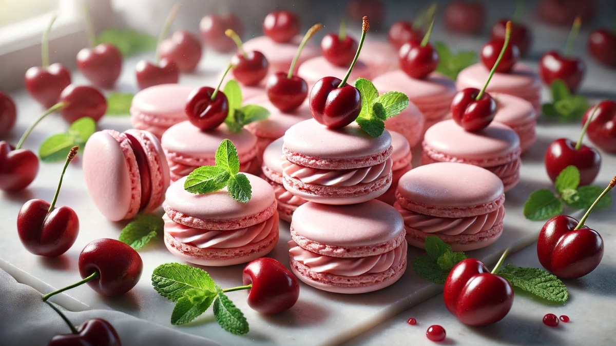 Elegant cherry macarons with a smooth fruit filling, arranged on a marble surface with fresh cherries and mint leaves.