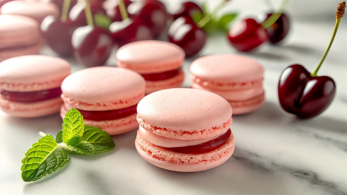 Delicate cherry macarons with a smooth fruit filling, elegantly arranged on a marble surface with fresh cherries and mint leaves.