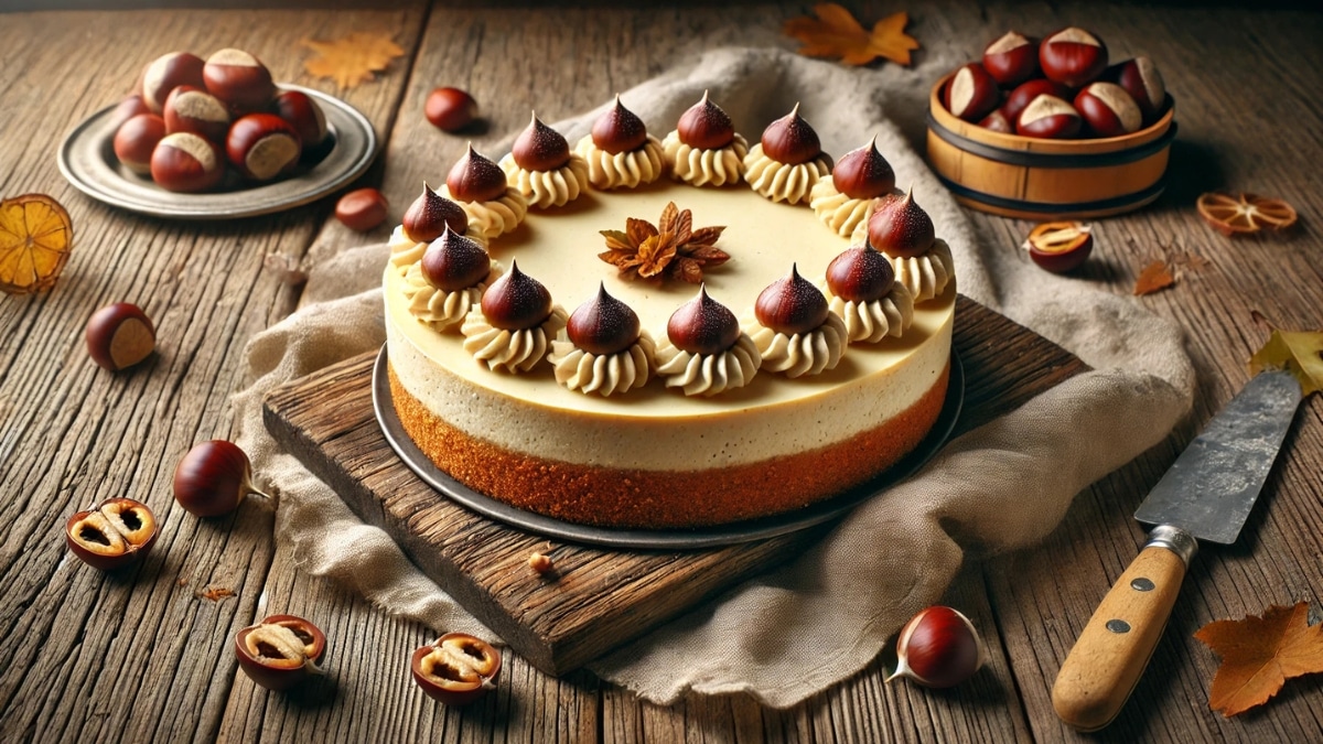 Chestnut cheesecake with a creamy texture, topped with chestnut cream swirls and whole chestnuts on a rustic wooden table