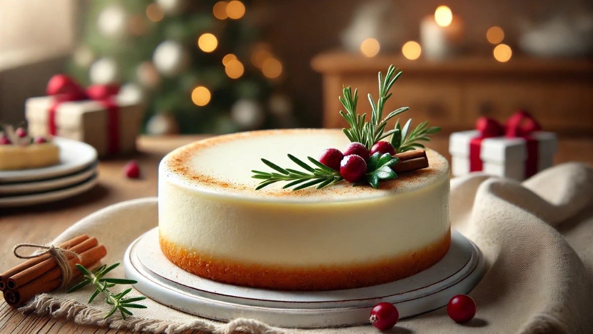 Christmas cheesecake with a creamy white topping, dusted with cinnamon, and decorated with cranberries, rosemary, and cinnamon sticks.