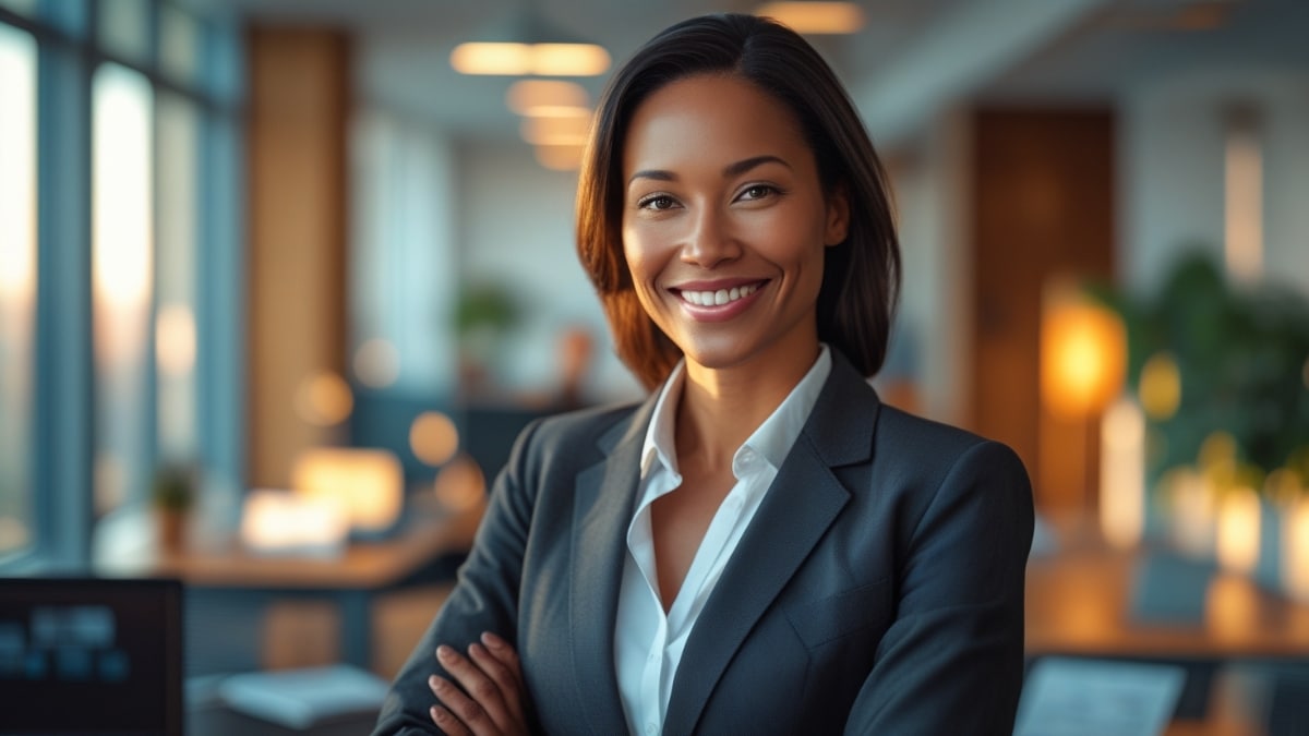 A confident businesswoman in a professional suit smiling in a modern office setting.