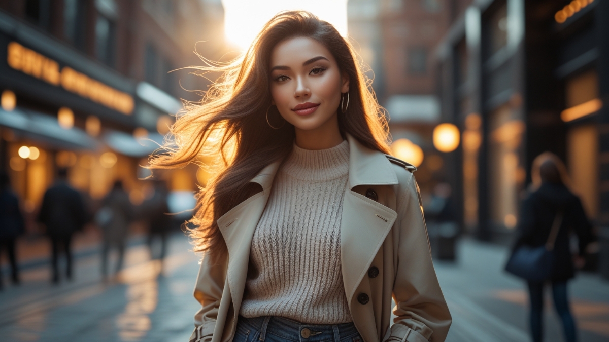 A stylish young woman walks through a city street at golden hour, her hair illuminated by the warm sunlight.