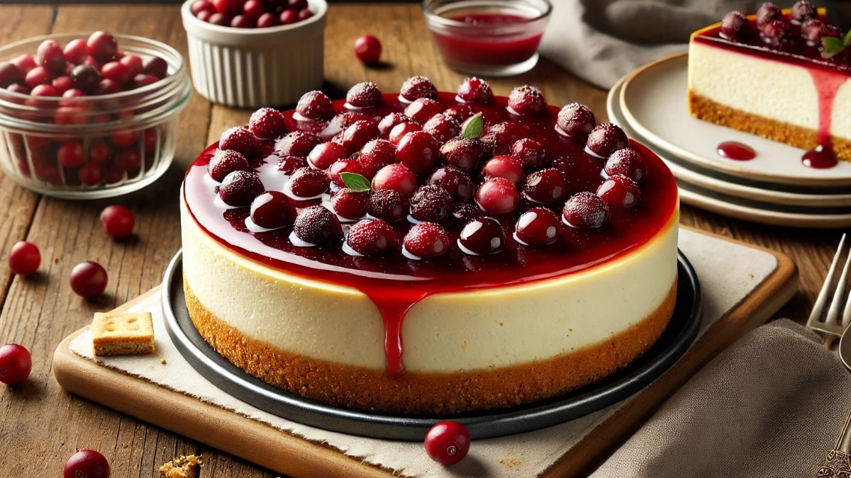 Cranberry cheesecake with a graham cracker crust, topped with glossy cranberry sauce and fresh cranberries on a rustic wooden table