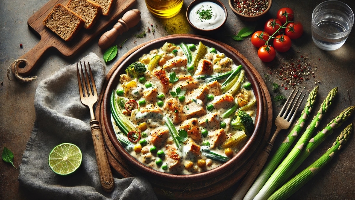 A bowl of creamy chicken sauté with yogurt, herbs, and fresh vegetables, served with whole grain bread.