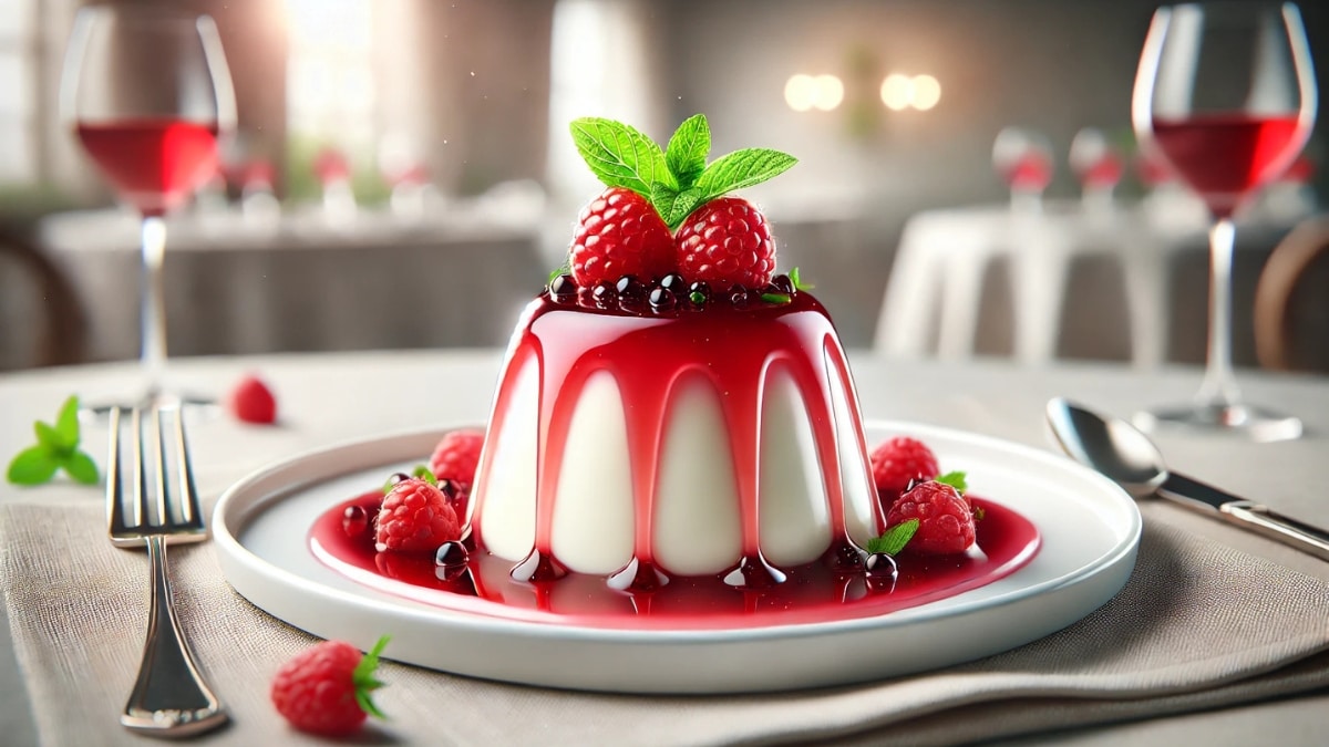 A silky smooth panna cotta drizzled with vibrant raspberry coulis, topped with fresh raspberries and mint, elegantly plated in a fine dining setting.