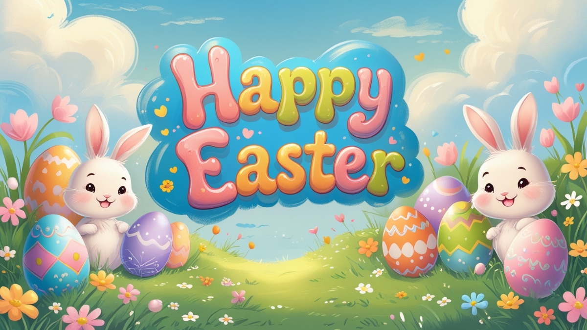 Adorable Easter bunnies with colorful decorated eggs in a bright spring meadow with flowers and a cheerful 