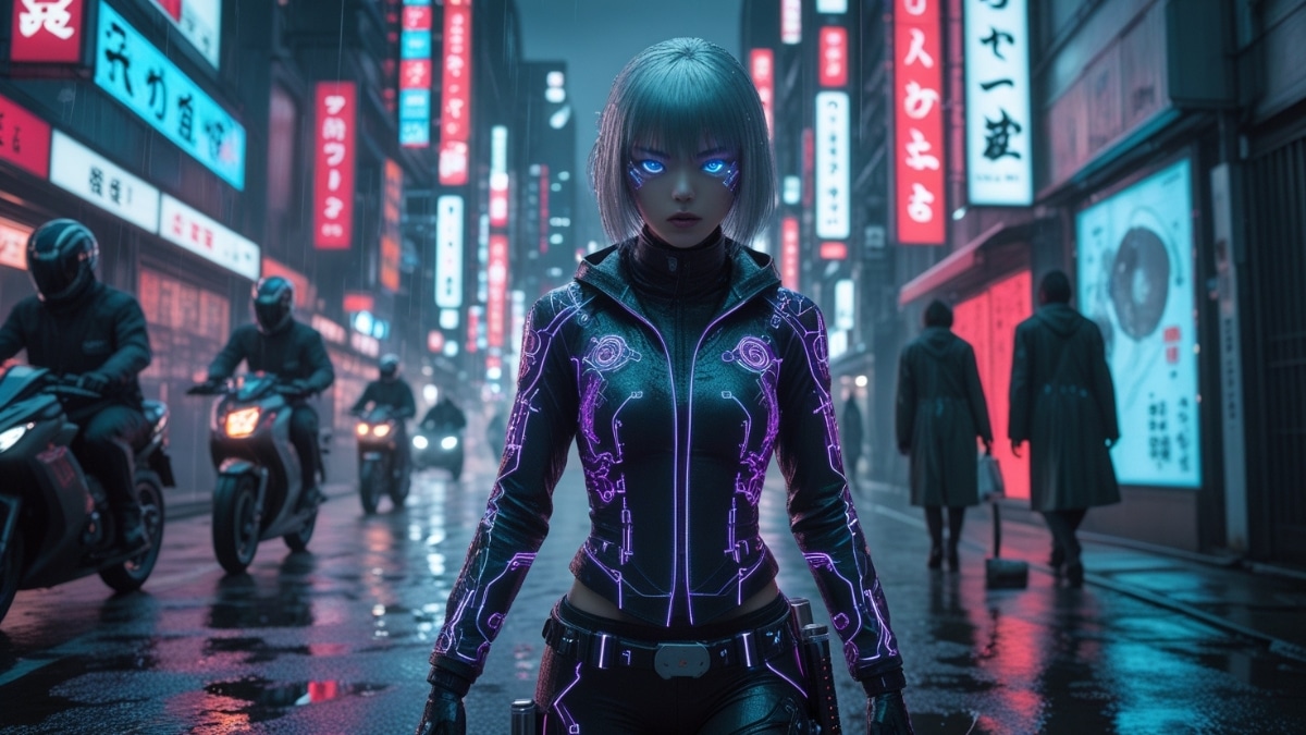 A fierce cyberpunk anime warrior with glowing blue eyes and a high-tech suit, walking through a neon-lit futuristic city at night.