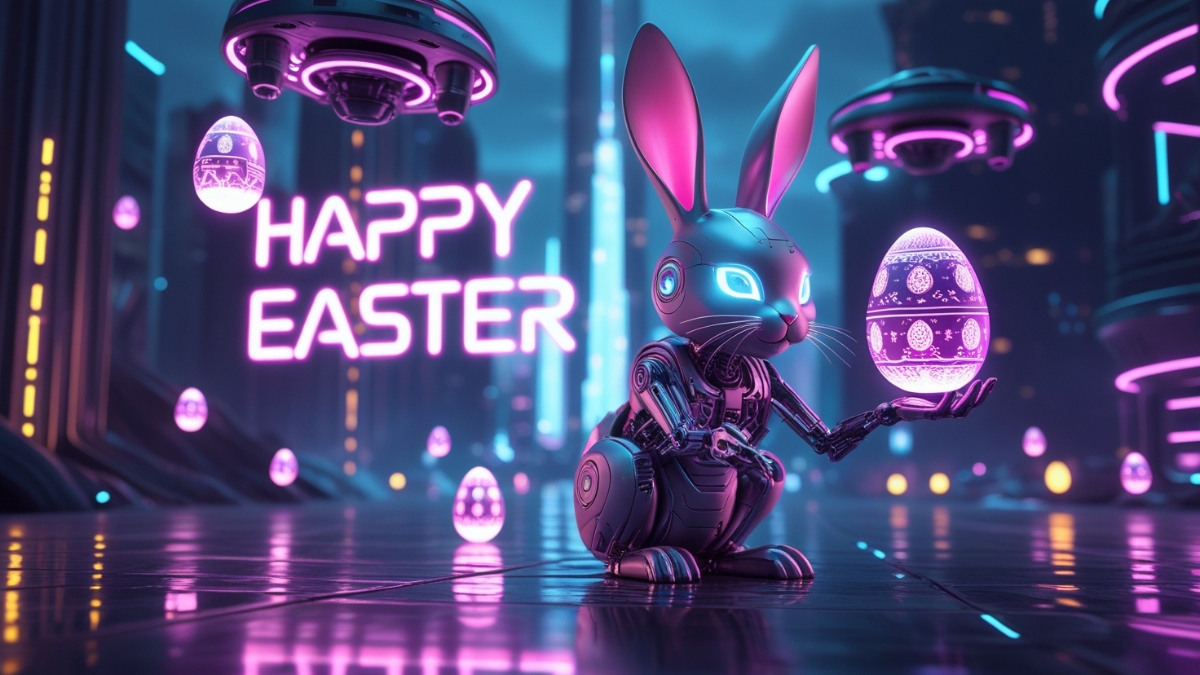 A robotic Easter bunny with neon blue eyes holding a glowing Easter egg in a cyberpunk city with hovering drones and neon lights.
