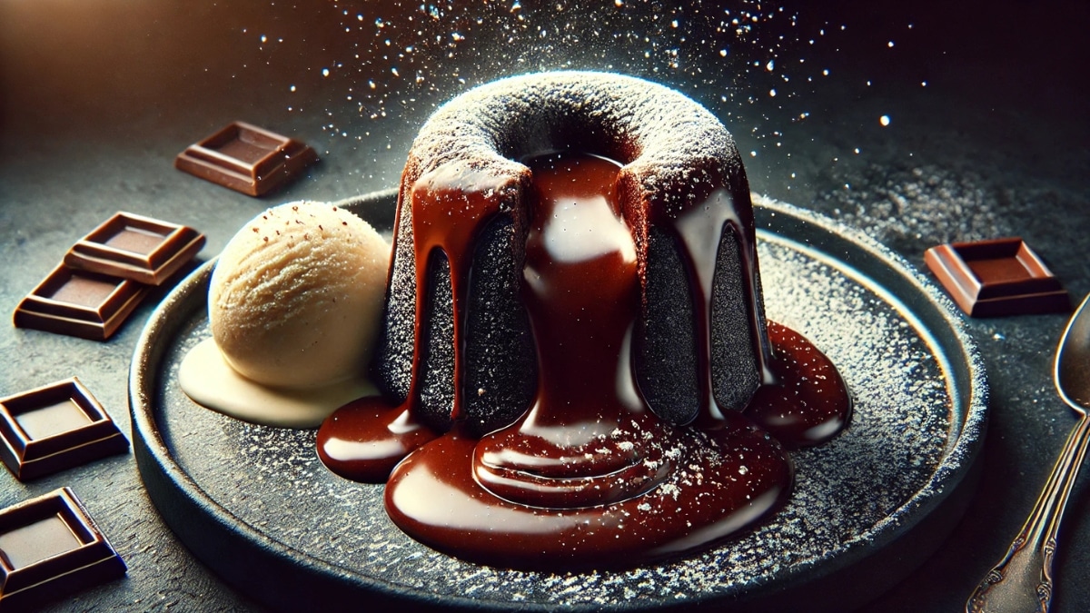 A rich chocolate lava cake with a molten center, dusted with powdered sugar and served with vanilla ice cream.