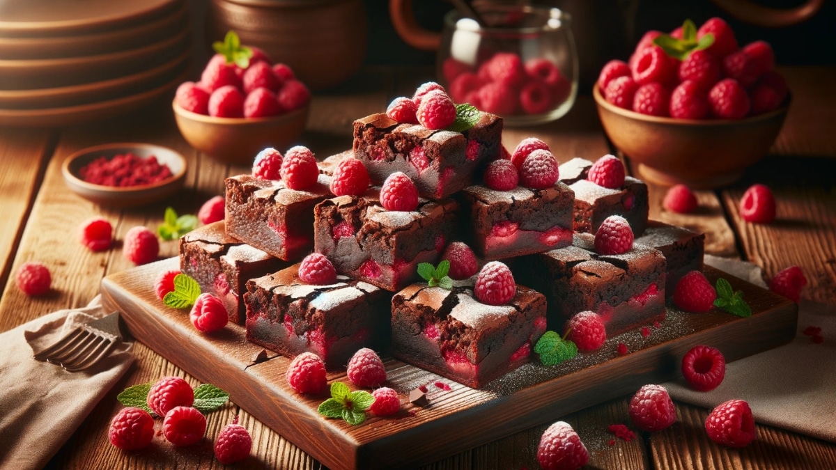 A stack of rich chocolate raspberry brownies garnished with fresh raspberries and powdered sugar on a wooden board