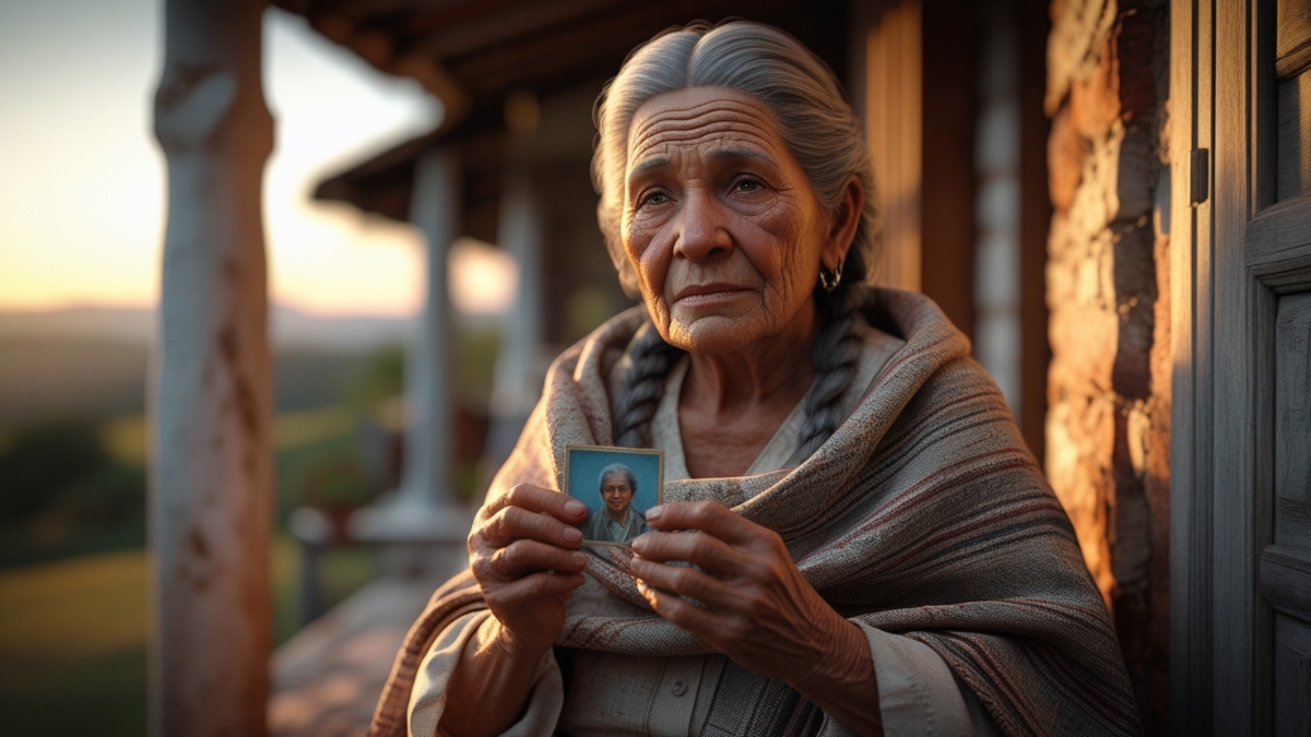 Elderly woman with gray braided hair holding a small photograph, wrapped in a traditional shawl, sitting on a porch at sunset.
