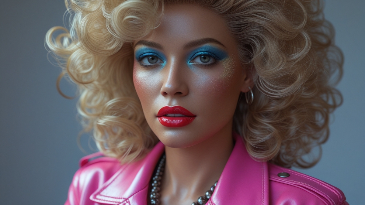 Glamorous woman with voluminous blonde curls, striking blue eyeshadow, and glossy red lips, wearing a pink leather jacket.