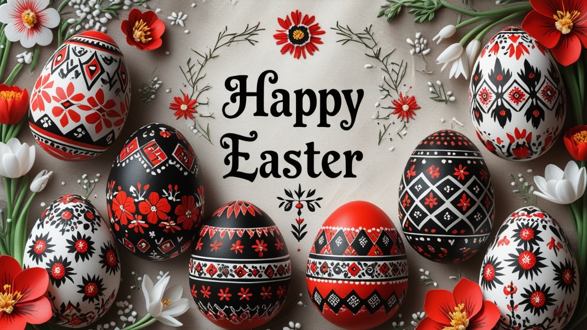 Beautifully decorated Easter eggs with intricate red, black, and white folk patterns, arranged with embroidered floral elements on a festive background.