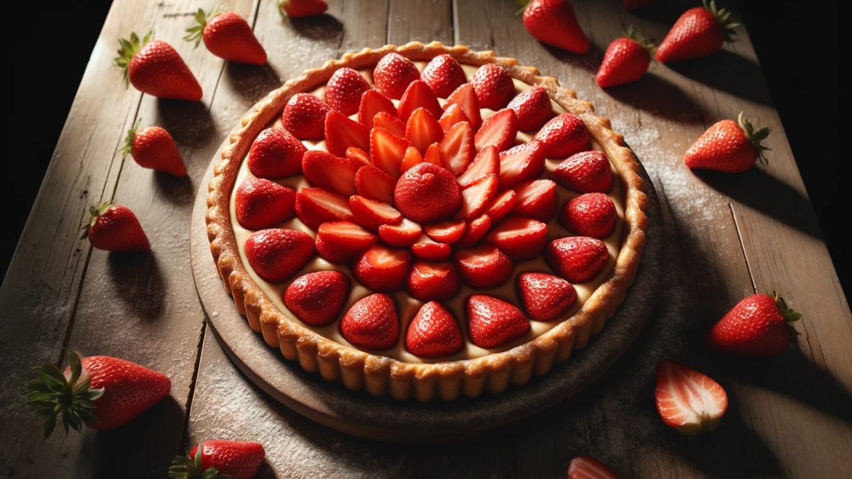 Freshly baked strawberry tart with a golden crust, topped with perfectly arranged fresh strawberries, served on a rustic wooden table.