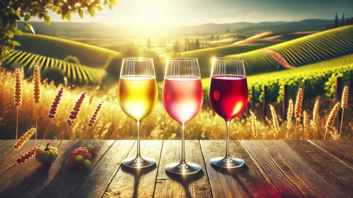 Three elegant wine glasses filled with white, rosé, and red wine, placed on a wooden table with a stunning vineyard landscape in the background at sunset.