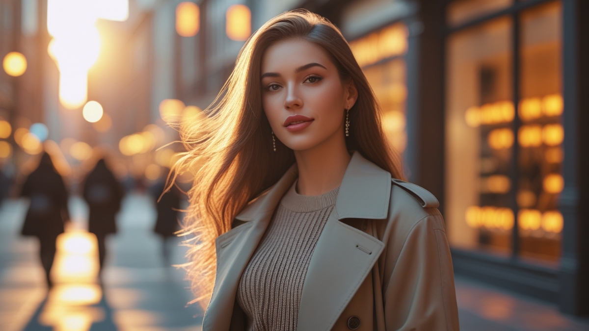 A stylish young woman with long flowing hair walks through a city street at sunset, wearing a beige trench coat and a warm knit sweater.