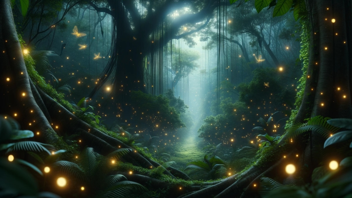 A mystical jungle at night, illuminated by glowing fireflies, with dense foliage bathed in soft moonlight and a mysterious forest path ahead.