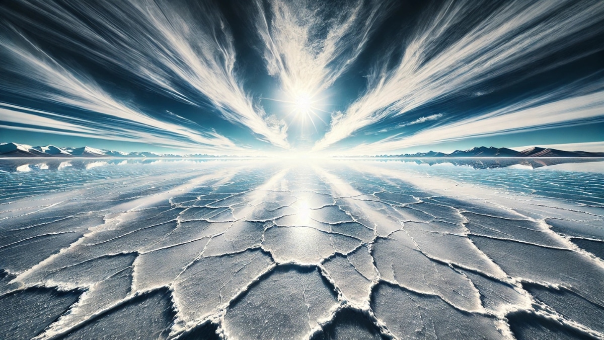 A breathtaking salt desert with a reflective surface under the bright sun, creating an endless mirror effect stretching to the horizon.