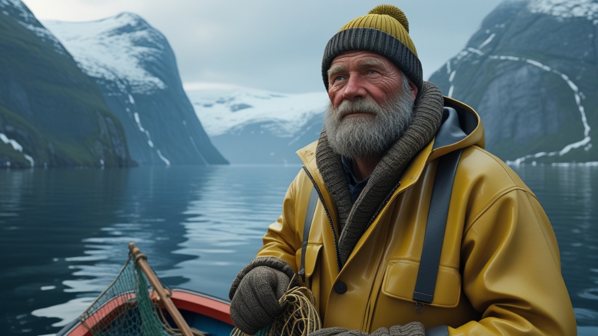 A seasoned fisherman with a thick gray beard, wearing a yellow raincoat and woolen hat, sits in his boat on a Nordic fjord, surrounded by snow-covered mountains.