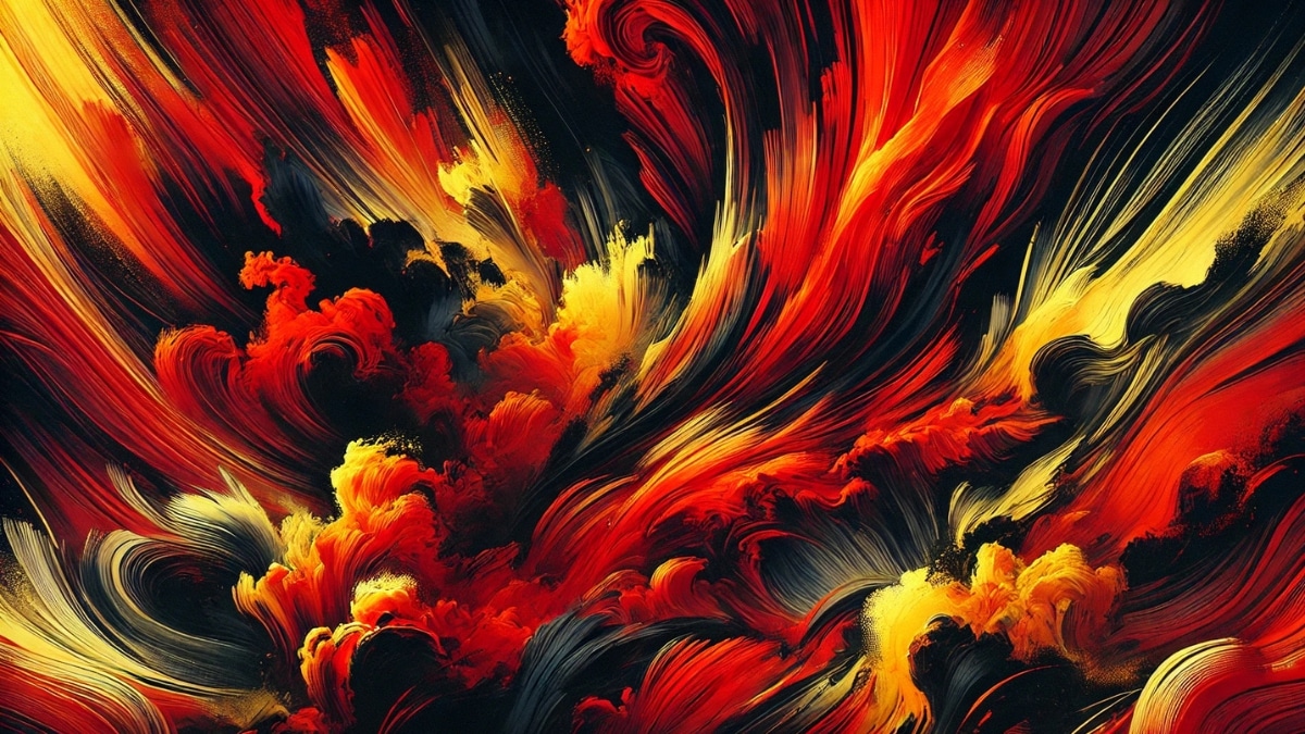 A powerful abstract digital artwork featuring swirling fiery red, vibrant yellow, and deep black textures, creating an intense and dynamic visual.