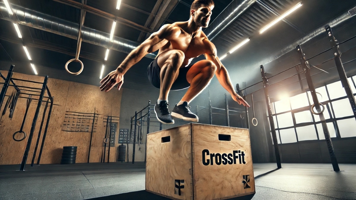 A muscular CrossFit athlete mid-air performing a powerful box jump in a modern gym, showcasing strength, agility, and focus.