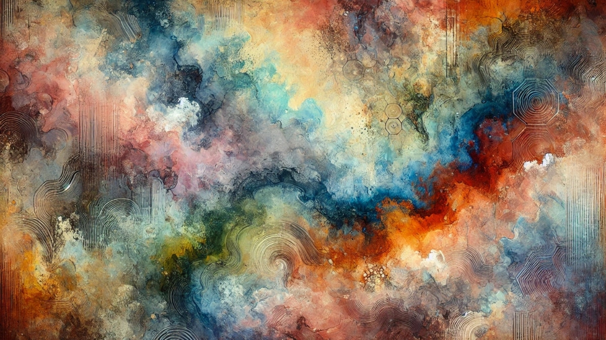 Abstract watercolor background with a mix of warm orange, deep blue, and earthy tones, featuring fluid brushstrokes and artistic textures.