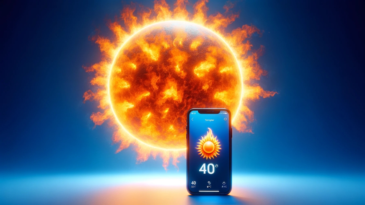 A blazing sun in the sky with a mobile phone displaying an extreme temperature of 40°C.