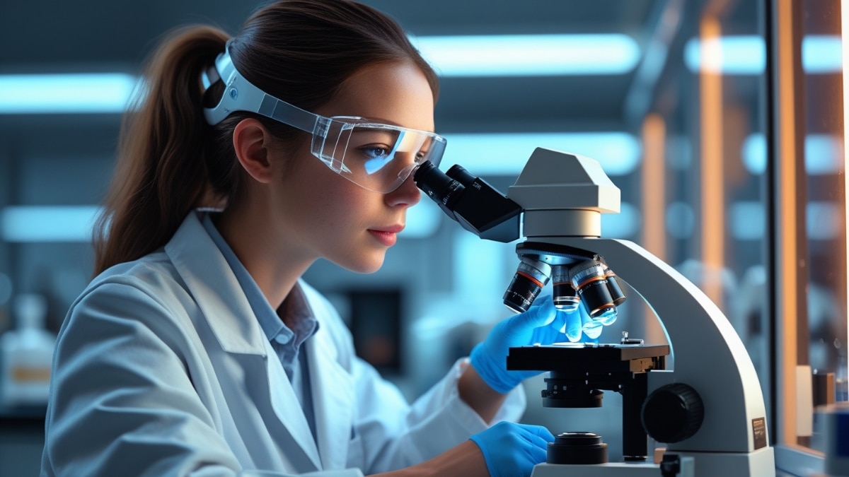 A focused female scientist wearing safety goggles and gloves while examining a sample under a microscope in a modern laboratory.