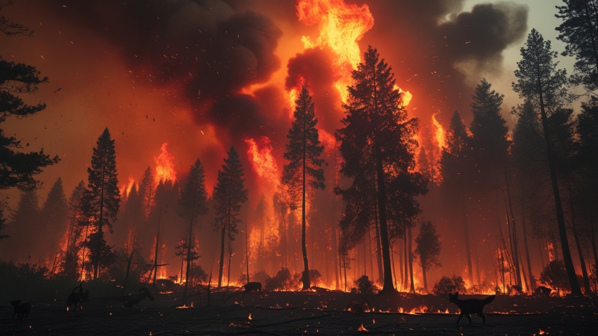 A massive wildfire consuming a dense forest, with towering flames and thick smoke rising into the sky while animals flee the destruction.