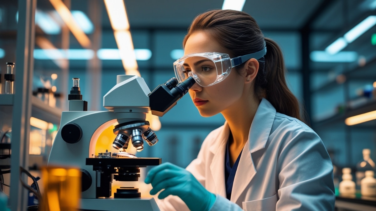 A female scientist in a laboratory wearing protective goggles and examining a sample under a microscope.