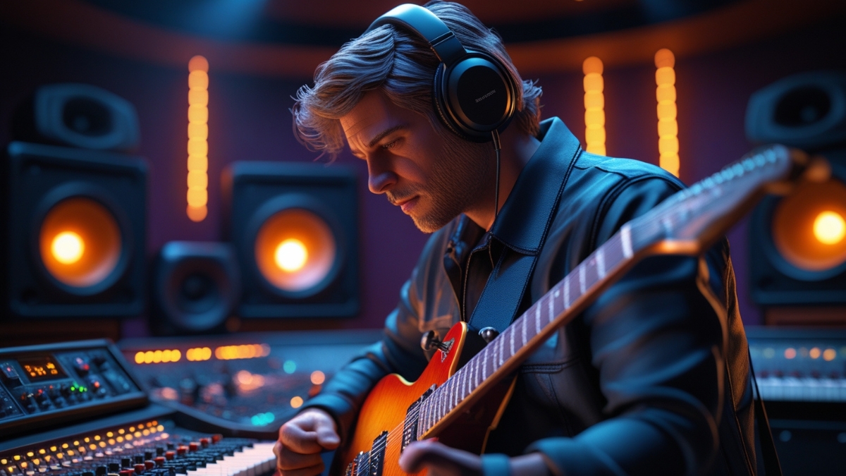 A male musician wearing headphones, playing an electric guitar in a professional recording studio with warm ambient lighting.