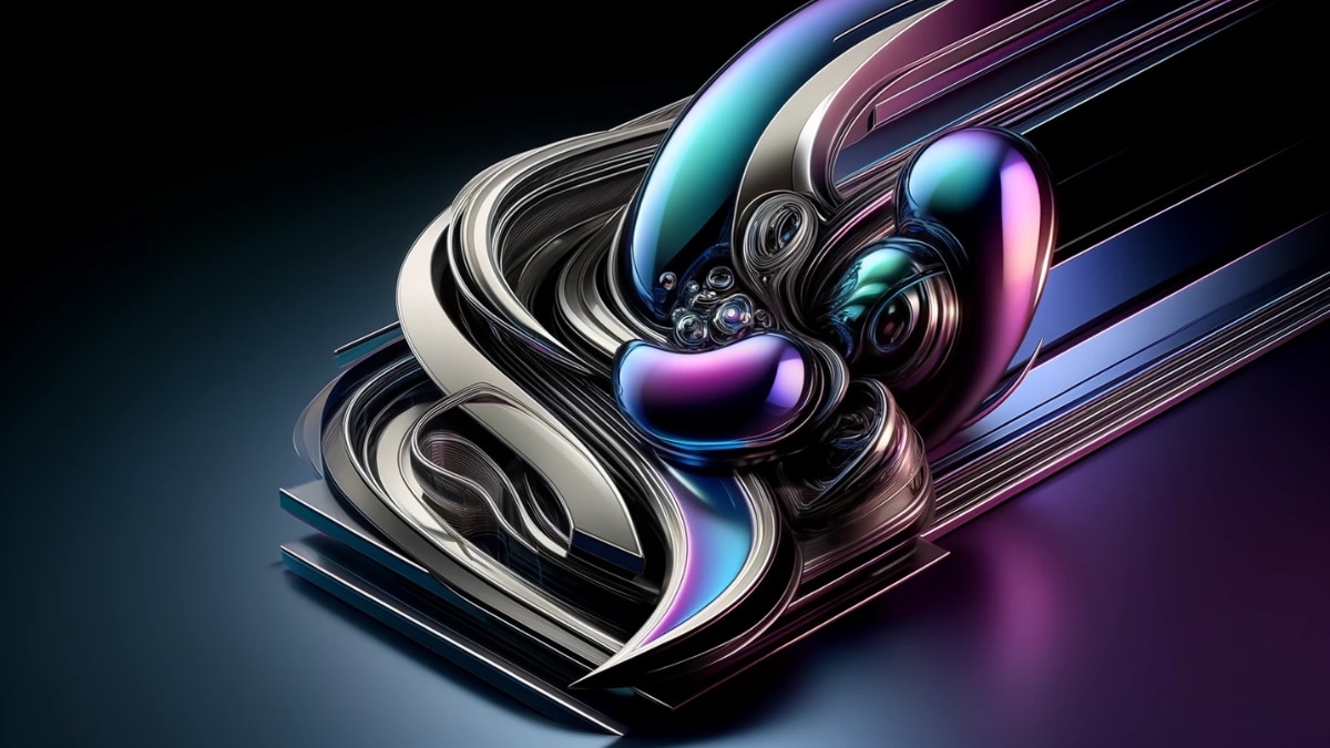 A futuristic abstract structure with smooth metallic surfaces and glowing reflections, showcasing a high-tech, cyber-inspired aesthetic.