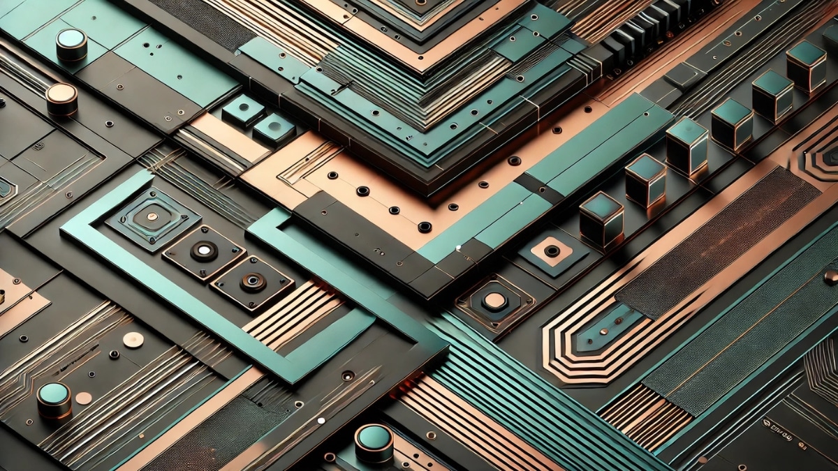 An abstract futuristic digital artwork featuring a geometric circuit board with metallic surfaces, high-tech symmetry, and intricate design elements.