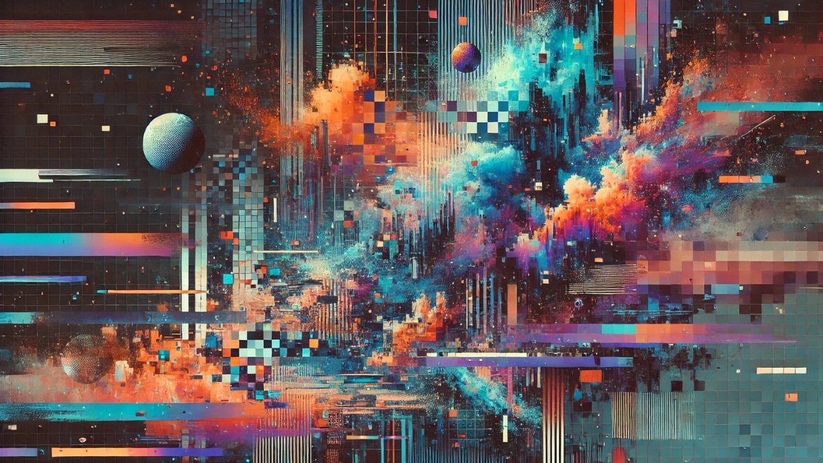 An abstract digital artwork featuring glitch art aesthetics, pixel distortions, fragmented visuals, and vibrant cyberpunk-inspired colors.