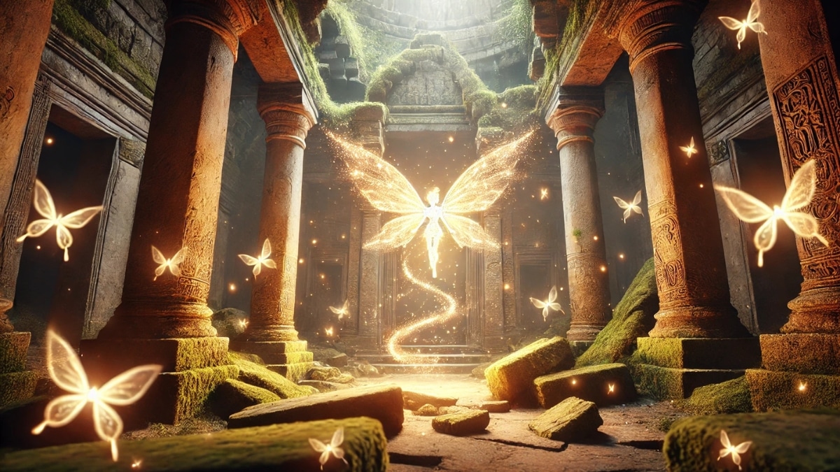 Enchanting glowing light fairies levitate inside an ancient ruined temple, their delicate wings shimmering in golden light.
