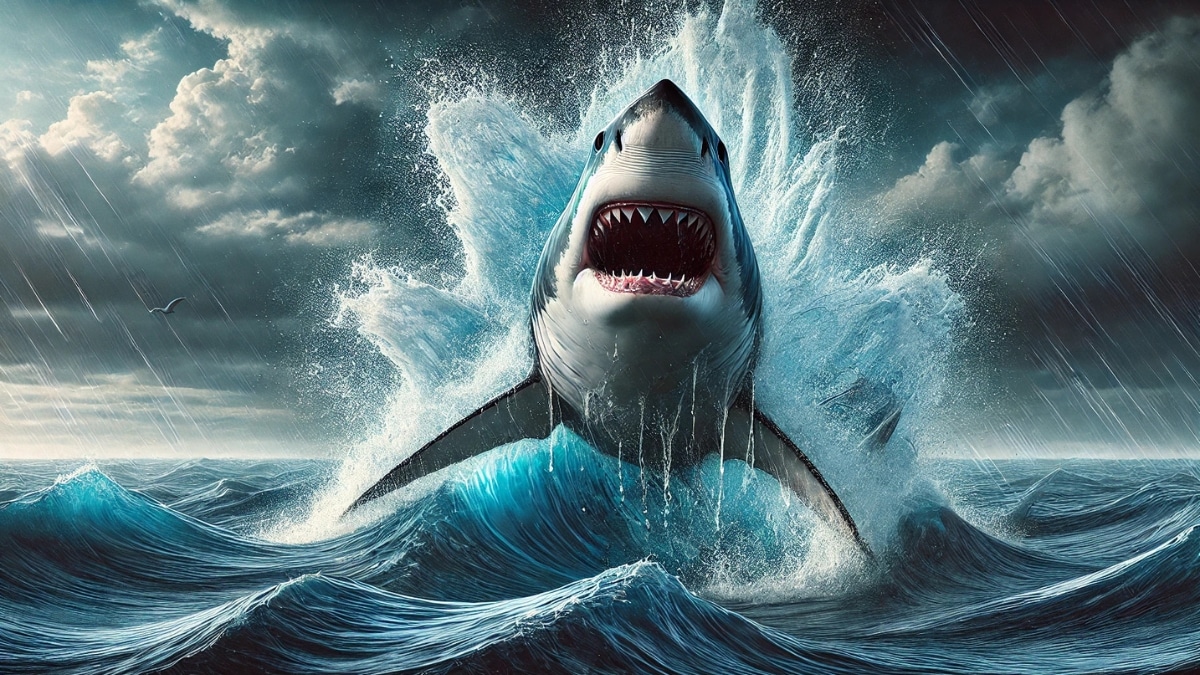 A great white shark powerfully leaping out of the ocean, surrounded by dramatic splashes and stormy skies.